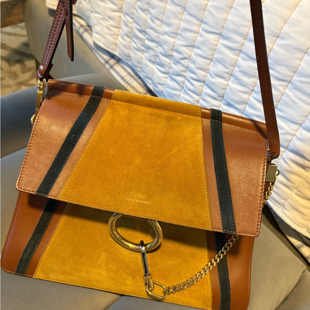 Chloe Two-Tone Suede & Leather Shoulder Bag in Mustard, Brown & Black - Picture 9 of 11